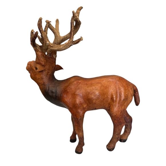 Vintage Leather Covered Deer Buck Figurine with 12-Point Rack Antlers - Picture 4 of 10